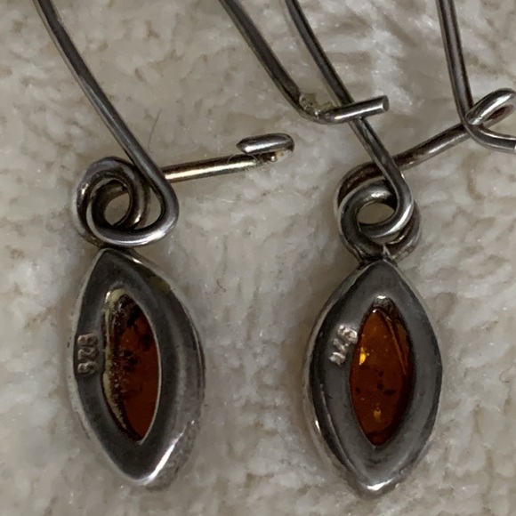Sterling Silver and Honey Brown Amber Earrings in a Minimalist Teardrop Design - Picture 2 of 4
